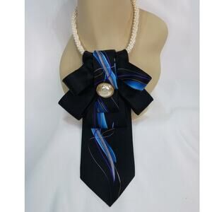 Artisan Vintage Silk Tie Necklace Upcycled J Garcia Pearl Accents Black Gold NEW